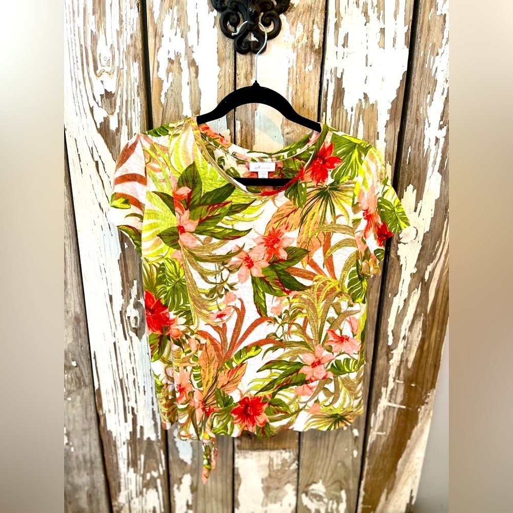 J. Jill Love Linen Floral Tropical Print Tie front top size small  Petite